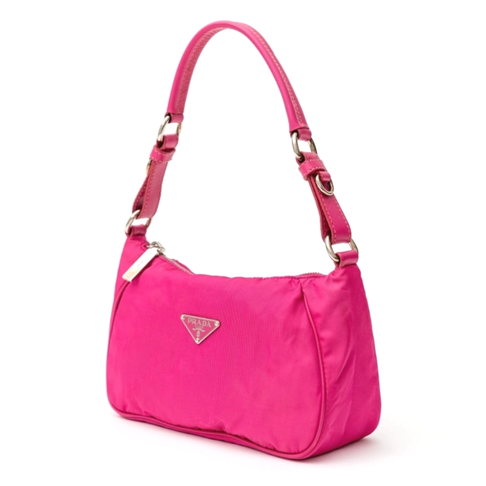 Prada Pink Nylon Bag Tessuto Saffiano Leather Baguette Fuscia